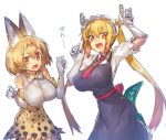  2girls animal_ears blonde_hair blush breasts cat_girl claw_pose commentary_request crossover dragon_girl dragon_tail dress elbow_gloves fang gao gloves highres horns kemono_friends kobayashi-san_chi_no_maidragon large_breasts long_hair looking_at_viewer maid melon22 multiple_girls season_connection serval_(kemono_friends) serval_ears serval_print serval_tail short_hair tail tooru_(maidragon) translated twintails yellow_eyes 