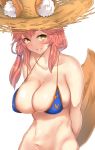 1girl animal_ears arms_behind_back bikini blue_bikini blush breasts cleavage collarbone fate/extra fate/grand_order fate_(series) fox_ears fox_tail hat large_breasts long_hair looking_at_viewer navel open_mouth pink_hair simple_background smile solo straw_hat swimsuit tail tamamo_(fate)_(all) tamamo_no_mae_(swimsuit_lancer)_(fate) untsue white_background yellow_eyes 