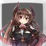  1girl armor bangs blush breasts brown_hair closed_mouth forte_(shingeki_no_bahamut) gauntlets hand_on_hip highres horns large_breasts long_hair looking_at_viewer pauldrons red_eyes serious shadowverse sidelocks solo solo_focus sweatdrop tylwing upper_body weapon 