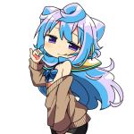  1boy :q bare_shoulders blue_bow blue_hair blush bow bowtie hacka_doll_3 kanikama long_hair looking_at_viewer male_focus off_shoulder simple_background solo sweater tongue tongue_out trap violet_eyes white_background 