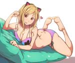  1girl :p animal_ears ass barefoot bikini blonde_hair blush breasts butt_crack cat_ears cleavage feet floral_print heart idolmaster idolmaster_million_live! jpeg_artifacts large_breasts legs_up looking_at_viewer lying momose_rio on_stomach paw_pose pillow purple_bikini red_eyes shiny shiny_skin short_hair side-tie_bikini smile soles solo swimsuit the_pose toes tokiwa_mmm tongue tongue_out 