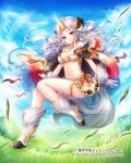  1girl animal_ears bare_shoulders bent_knees blue_eyes blue_sky blush breasts chain_chronicle character_request cleavage closed_mouth clouds day gloves grass grey_hair hooves horn jewelry kempin long_hair looking_at_viewer midriff navel necklace official_art sky solo tail wavy_hair white_gloves 
