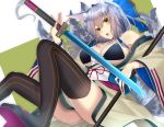 1girl animal_ears bikini_top black_legwear blue_bow blush bow breasts cleavage fox_ears fox_girl fox_tail hair_between_eyes hair_bow halter_top halterneck highres holding holding_sword holding_weapon japanese_clothes katana kimono large_breasts long_sleeves multiple_tails obi off_shoulder onineko-chan open_mouth original ponytail sash scabbard sheath silver_hair solo sword tail thigh-highs weapon wide_sleeves yellow_eyes 