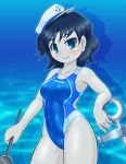  1girl anchor black_hair blue_eyes blue_swimsuit competition_swimsuit hat highleg highleg_swimsuit looking_at_viewer murasa_minamitsu one-piece_swimsuit sailor_hat short_hair smile solo swimsuit touhou underwater winn 
