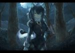  1girl animal_ears black_hair black_jacket blue_eyes breasts checkered checkered_skirt commentary eyebrows_visible_through_hair forest full_moon fur_collar gloves grey_wolf_(kemono_friends) hand_on_hip heterochromia jacket kemono_friends koruse letterboxed long_hair long_sleeves looking_at_viewer moon moonlight multicolored_hair nature necktie night open_mouth skirt solo tail tree two-tone_hair wavy_hair white_gloves wolf_ears wolf_tail yellow_eyes 