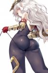  1girl ass ass_support bodysuit elbow_gloves eyebrows_visible_through_hair from_behind from_below gloves granblue_fantasy headpiece hews_hack looking_back medusa_(shingeki_no_bahamut) pointy_ears red_eyes red_gloves shingeki_no_bahamut silver_hair simple_background skindentation solo string tail vambraces white_background 