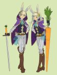  1boy 1girl animal_ears bunnysuit carrot cloak female_my_unit_(fire_emblem:_kakusei) fire_emblem fire_emblem:_kakusei fire_emblem_heroes green_background holding holding_sword holding_weapon looking_at_viewer male_my_unit_(fire_emblem:_kakusei) my_unit_(fire_emblem:_kakusei) rabbit_ears simple_background smile sword weapon 