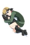  1girl artist_name bangs black_boots black_skirt blue_eyes boots brown_hair brown_hat closed_mouth ei_(akinosakae) full_body fur_hat girls_und_panzer green_jacket hat hug jacket long_sleeves looking_at_viewer lying military military_uniform miniskirt nina_(girls_und_panzer) on_side pillow pillow_hug pleated_skirt pravda_military_uniform red_shirt shirt short_hair short_twintails simple_background skirt smile solo twintails uniform ushanka vest white_background 