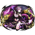  1girl armpits breasts cleavage crop_top detached_sleeves divine_gate elbow_gloves full_body gloves groin high_heels looking_at_viewer midriff official_art purple_gloves purple_hair purple_skirt shadow short_hair skirt sleeveless small_breasts solo transparent_background ucmm violet_eyes 