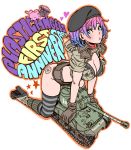  1girl ass black_panties blue_hair breasts brown_gloves cleavage collar cropped_jacket dog full_body gloves gradient_hair ground_vehicle hat heart high_heels highres hood hooded_jacket jacket large_breasts midriff military military_vehicle motor_vehicle multicolored_hair panties pink_hair pink_lips plastic_angels pouty_lips pug solo tank tattoo thigh-highs underwear yamashita_shun&#039;ya 
