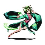  1girl aqua_nails breasts cleavage collarbone divine_gate full_body green_eyes green_hair hair_ornament japanese_clothes jewelry kimono looking_at_viewer medium_breasts nail_polish necklace official_art open_mouth sash shadow short_hair solo transparent_background ucmm yukata 