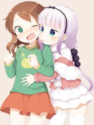  2girls beads blue_eyes brown_hair dress green_eyes hair_beads hair_ornament hairband hand_on_another&#039;s_shoulder highres hug kanna_kamui kobayashi-san_chi_no_maidragon licking long_hair muku_(muku-coffee) multiple_girls one_eye_closed open_mouth pink_hair ribbon saikawa_riko shirt skirt surprised thigh-highs tongue tongue_out twintails white_legwear yuri 