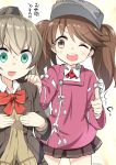  2girls ;d aqua_eyes artist_name blouse brown_eyes brown_hair brown_jacket brown_skirt brown_sweater cardigan flat_chest hair_between_eyes highres japanese_clothes kantai_collection kariginu kumano_(kantai_collection) long_hair long_sleeves magatama multiple_girls neck_ribbon one_eye_closed open_mouth pleated_skirt ponytail red_ribbon remodel_(kantai_collection) ribbon ryuki_(ryukisukune) ryuujou_(kantai_collection) school_uniform shirt skirt smile sweatdrop teeth thumbs_up translation_request twintails visor_cap white_blouse white_shirt 