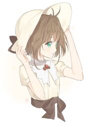  1girl 90s antenna_hair brown_hair card_captor_sakura dress green_eyes hat kinomoto_sakura marin_(myuy_3) short_hair smile solo white_background 