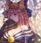  1girl animal_ears bow breasts cleavage collarbone detached_sleeves elsa_(g557744) fate/extra fate/grand_order fate_(series) flower fox_ears fox_tail hair_bow hair_ribbon japanese_clothes large_breasts long_hair multiple_tails off_shoulder petals pink_hair ribbon solo tail tamamo_(fate)_(all) tamamo_no_mae_(fate) tears yellow_eyes 