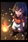  1girl backpack bag black_border black_gloves black_hair black_legwear border brown_shoes clenched_hand collarbone commentary_request fire from_above full_body gloves hair_between_eyes highres kaban kemono_friends looking_up no_hat no_headwear pants pantyhose red_shirt serious shikei_(jigglypuff) shirt shoes short_hair short_sleeves solo spoilers standing torch violet_eyes white_pants 