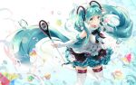  1girl aqua_eyes aqua_hair boots bow commentary_request dress gloves hatsune_miku headphones highres k.syo.e+ long_hair looking_at_viewer magical_mirai_(vocaloid) microphone necktie revision solo thigh-highs twintails very_long_hair vocaloid white_gloves 