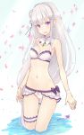  1girl 2016 adam700403 adapted_costume bare_shoulders bikini bow braid breasts cleavage dated detached_collar elf emilia_(re:zero) garters groin hair_ornament highres jewelry long_hair looking_at_viewer medium_breasts open_mouth petals pointy_ears re:zero_kara_hajimeru_isekai_seikatsu revision ribbon-trimmed_bikini ribbon_trim shiny shiny_skin signature silver_hair solo sparkle swimsuit very_long_hair violet_eyes wading water 