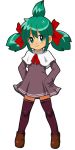  1girl animepedia dress full_body green_eyes green_hair hair_ribbon hands_on_hips kasuga39 ribbon sleeves_past_wrists smile solo thigh-highs tri_tails zettai_ryouiki 