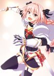  1boy black_legwear braid cape fang fate/apocrypha fate_(series) garter_straps hair_ribbon highres ike_masato long_hair looking_at_viewer male_focus open_mouth pink_hair ribbon rider_of_black simple_background single_braid smile solo sword thigh-highs trap violet_eyes weapon white_background 