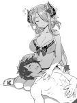  1boy 1girl blush breasts cleavage closed_eyes collarbone doraf drooling gran_(granblue_fantasy) granblue_fantasy greyscale hair_over_one_eye horns lap_pillow large_breasts long_hair low-tied_long_hair lying monochrome narumeia_(granblue_fantasy) on_back open_mouth parted_lips pointy_ears sandals sitting sleeping swimsuit yokozuwari zaxwu 