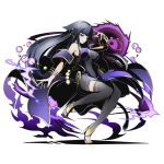  1girl absurdly_long_hair black_hair black_legwear blue_eyes bracelet breasts breasts_apart cleavage detached_sleeves divine_gate dress full_body hair_ornament jewelry large_breasts long_hair mole mole_under_eye official_art shadow sleeveless sleeveless_dress solo tail thigh-highs transparent_background ucmm very_long_hair 