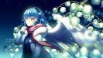  1girl angel_wings artist_name blue_hair coat earmuffs feathered_wings flower headphones lily_of_the_valley open_clothes open_coat original plaid plaid_scarf rosuuri scarf short_hair solo wings winter_clothes winter_coat yellow_eyes 