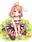 ... 1girl animal_ears animal_print bare_arms bare_shoulders bird black_legwear breasts brown_hair bunny_print bunny_tail chick cleavage collarbone easter_egg hatching looking_at_viewer maki_(natoriumu) original rabbit_ears red_eyes revision shirt sitting skirt sleeveless solo tail thigh-highs thighs too_many too_many_chicks v_arms wariza zettai_ryouiki 