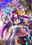  1girl armor blue_eyes blue_hat bow clock clock_tower clouds crown frilled_sleeves frills full_body greaves hair_bow hat highres indoors long_hair looking_at_viewer original purple_hair shards shente_(sharkpunk) silver_boots silver_legwear sitting solo sunset tower very_long_hair wand 