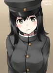  1girl 2017 akitsu_maru_(kantai_collection) artist_name black_eyes black_hair black_hat brown_background buttons dated gradient gradient_background hat highres kamelie kantai_collection long_sleeves military military_uniform open_mouth peaked_cap remodel_(kantai_collection) short_hair solo uniform 