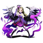  1girl bare_shoulders blonde_hair collarbone divine_gate dress elbow_gloves feathered_wings floating_hair full_body gloves grey_wings hat long_hair looking_at_viewer mini_hat official_art open_mouth purple_gloves purple_legwear red_eyes sleeveless sleeveless_dress solo standing strapless strapless_dress thigh-highs transparent_background ucmm wings 