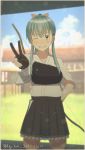  1girl 2017 ;d absurdres alternate_costume aqua_eyes aqua_hair architecture arm_behind_back blurry blush bow_(weapon) breasts clouds commentary cowboy_shot dated depth_of_field east_asian_architecture eaves frilled_skirt frills gloves grass green_eyes green_hair grin hair_ribbon hakama_skirt highres hip_vent japanese_clothes kantai_collection key_kun kimono muneate one_eye_closed open_mouth partly_fingerless_gloves ribbon sign skirt sky smile solo suzuya_(kantai_collection) tasuki teeth thigh-highs twitter_username v weapon yugake 