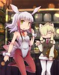  2girls animal_ears character_request crested_ibis_(kemono_friends) detached_collar hair_over_one_eye head_wings highres kemono_friends leotard multicolored_hair multiple_girls necktie pantyhose playboy_bunny_leotard red_legwear red_necktie shelf short_hair skirt strapless strapless_leotard tray two-tone_hair vest white_hair white_leotard wrist_cuffs yellow_eyes yoshi_(crossmind) 
