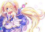  1girl ;d ahoge blonde_hair blue_bow blue_dress blue_eyes bow choker cowboy_shot dress elbow_gloves flower flower_knight_girl frilled_dress frills gem gloves hair_bow hair_flower hair_intakes hair_ornament hairband hane. heliotrope_(flower_knight_girl) long_hair looking_at_viewer one_eye_closed open_mouth red_bow red_choker ribbon_choker smile solo staff twintails white_background white_bow white_gloves white_hairband 
