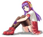  1girl :&lt; asamiya_athena buruma fingerless_gloves gloves hairband highres long_hair open_mouth panties pantyshot pantyshot_(sitting) purple_gloves purple_hair red_hairband red_shoes school_uniform serafuku shoes simple_background sitting solo solo_focus the_king_of_fighters the_king_of_fighters_xiv underwear violet_eyes 