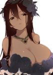  1girl arm_ribbon bangs bare_shoulders black_dress black_flower black_ribbon black_rose breasts brown_eyes brown_hair cleavage collarbone commentary dress flower frilled_dress frills fuji-yama gem granblue_fantasy hair_between_eyes hair_flower hair_ornament jewelry large_breasts long_hair looking_at_viewer necklace parted_lips ribbon rose rosetta_(granblue_fantasy) simple_background sleeveless sleeveless_dress solo upper_body white_background wreath 
