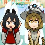  2girls animal_ears bag black_gloves black_hair blonde_hair bucket_hat gloves hair_between_eyes hat hat_feather kaban kemono_friends lucky_beast_(kemono_friends) multiple_girls ninniku_(ninnniku105) open_mouth red_shirt serval_(kemono_friends) serval_ears serval_print serval_tail shirt short_hair spoilers tail wavy_hair 