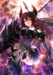  1girl armor bangs boots breasts brown_hair closed_mouth dual_wielding forte_(shingeki_no_bahamut) full_body gauntlets holding holding_weapon horns huge_weapon large_breasts long_hair looking_at_viewer pauldrons pointy_ears red_eyes s_1san86 serious shadowverse sidelocks skirt smile solo solo_focus thigh-highs weapon 