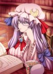  1girl absurdres bangs blue_bow blue_ribbon book book_stack bookshelf bow breasts brooch chin_rest crescent dress eating food_in_mouth hair_bow hat hat_ribbon highres jewelry large_breasts long_hair long_sleeves mob_cap neck_ribbon nori_tamago open_book patchouli_knowledge purple_hair reading red_bow red_ribbon ribbon sidelocks sitting solo striped swept_bangs touhou upper_body vertical-striped_dress vertical_stripes violet_eyes wide_sleeves 