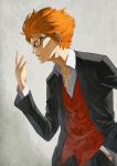  1boy 404_(artist) adam&#039;s_apple alternate_costume bangs black_jacket black_pants cowboy_shot formal glasses hand_in_pocket jacket long_sleeves open_clothes open_collar open_jacket open_mouth orange_hair pants red_vest shirt solo suit to_aru_majutsu_no_index to_aru_majutsu_no_index:_new_testament tsuchimikado_motoharu vest white_shirt 