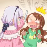  2girls bangs beads blue_eyes blunt_bangs blush brown_hair capelet dress hair_beads hair_ornament hairband hondarai horns kanna_kamui kobayashi-san_chi_no_maidragon lavender_hair long_hair multiple_girls open_mouth ruler saikawa_riko 