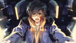  1boy banagher_links blood blood_on_face brown_hair copyright_name determined gundam gundam_unicorn hair_between_eyes jacket open_mouth pale_skin rx-78-2 sitting solo text weee_(raemz) 