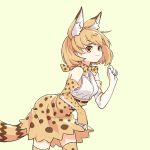  1girl animal_ears bare_shoulders blush_stickers bow bowtie clenched_hands cowboy_shot cross-laced_clothes elbow_gloves expressionless eyebrows_visible_through_hair eyelashes flat_color from_side gloves hand_up kemono_friends looking_at_viewer namec0 oekaki orange_eyes orange_hair paw_pose serval_(kemono_friends) serval_ears serval_print serval_tail shirt short_hair simple_background skirt sleeveless sleeveless_shirt smile solo striped_tail tail tareme thigh-highs white_shirt yellow_background zettai_ryouiki 