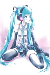  1girl aqua_eyes aqua_hair black_legwear detached_sleeves hatsune_miku headset highres kowiru long_hair necktie revision solo thigh-highs twintails very_long_hair vocaloid 