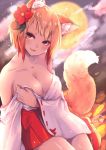  1girl animal_ears bare_shoulders blonde_hair breasts chita_(ketchup) cleavage collarbone flower fox_ears fox_girl fox_tail full_moon hair_flower hair_ornament hakama_skirt head_tilt large_breasts looking_at_viewer moon night night_sky original outdoors parted_lips red_eyes red_skirt ribbon-trimmed_sleeves ribbon_trim sitting skirt sky smile solo tail wide_sleeves 