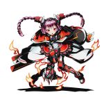  1girl braid capelet divine_gate fire full_body gloves hairband holding holding_weapon long_hair looking_at_viewer official_art open_mouth pink_hair red_eyes red_gloves shadow solo transparent_background twin_braids ucmm weapon 