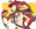  1boy artist_name biceps fingernails fins fishman flexing gills grin hand_on_hip jewelry looking_at_viewer male_focus monster_boy muscle orange_eyes pose sash sei_(seiryuuden) sharp_fingernails sharp_teeth sidon smile solo teeth the_legend_of_zelda the_legend_of_zelda:_breath_of_the_wild upper_body yellow_background yellow_eyes zora 