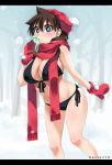  1girl absurdres amano_megumi amano_megumi_wa_suki_darake! bikini black_bikini breasts brown_hair cleavage curvy gaston18 highres large_breasts light_smile long_hair navel official_style scarf skindentation solo swimsuit thighs winter_clothes 