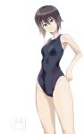  2girls arm_behind_back bangs black_swimsuit blush brown_eyes brown_hair closed_mouth competition_swimsuit cowboy_shot daisuke_(dskman) full-face_blush girls_und_panzer graphite_(medium) itsumi_erika looking_at_viewer multiple_girls nishizumi_maho one-piece_swimsuit short_hair simple_background standing swimsuit traditional_media white_background 