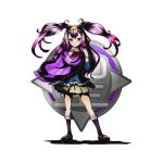  1girl black_legwear bow bowtie brown_skirt divine_gate full_body long_hair looking_at_viewer nail_polish official_art pink_eyes pink_hair pleated_skirt purple_nails purple_scarf red_bow scarf shadow skirt solo standing striped striped_bow transparent_background twintails ucmm yellow_hairband 